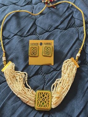 Indian Beaded Cream and Gold Necklace & Earring Set